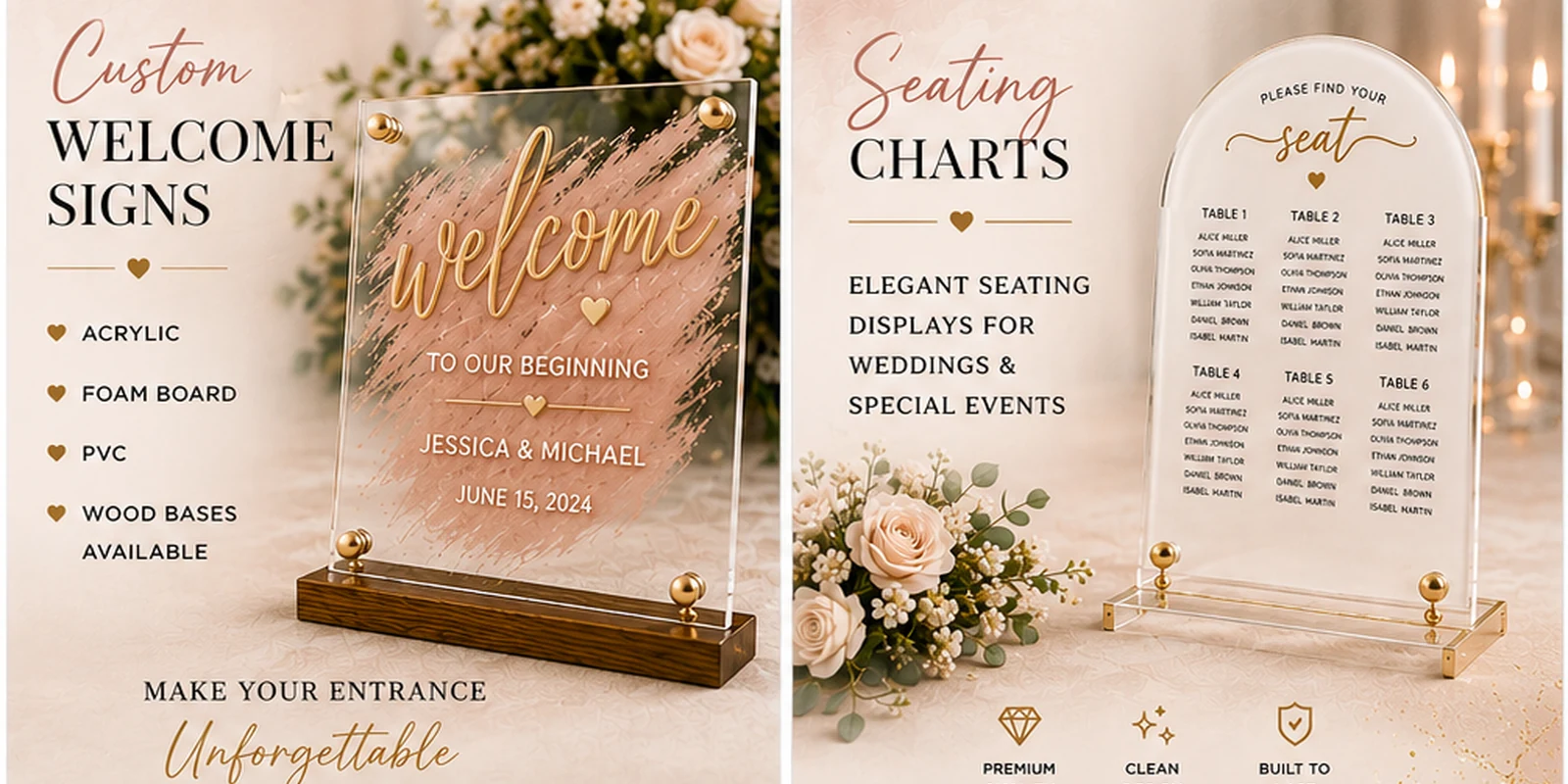 Illustrative event seating chart and signage