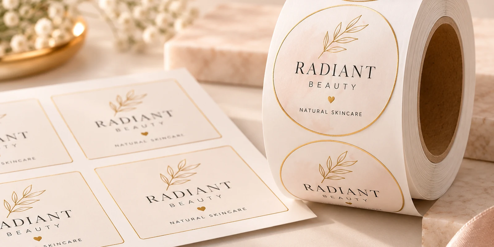 Illustrative product labels in warm cream tones