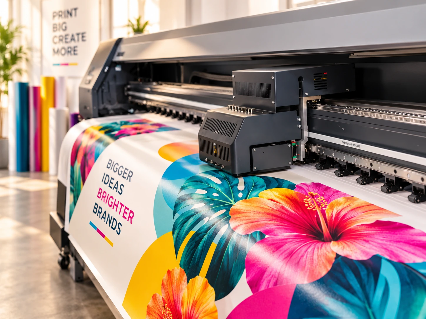 Illustration of a wide-format printer producing a colorful floral banner in a bright studio